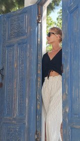 Resim Siyah Çizgili Keten Rahat Kesim Kadın Pantolon - L-XL / Siyah & Beyaz 