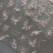 Resim 1 adet İridisent Aurora Kelebek Tırnak Sanatı Çıkartmaları - Kabartmalı, Kendinden Yapışkanlı, Parıldayan Pembe ve Beyaz Tasarımlar, Yarı Parlak Bitiş, DIY Manikürler için Mükemmel, Tırnak Çıkartmaları 