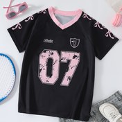 Resim Genç Kızlar için Y2K V Yaka Kısa Kollu Bol Kesim Tişört, Her Yere Baskılı, Renk Bloklu, Polyester, Orta Esneklik, Örme Kumaş, Dolgusuz 