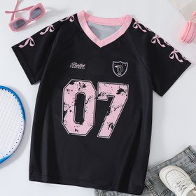 Resim Genç Kızlar için Y2K V Yaka Kısa Kollu Bol Kesim Tişört, Her Yere Baskılı, Renk Bloklu, Polyester, Orta Esneklik, Örme Kumaş, Dolgusuz 