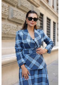 Resim Kemer Detay Ekose Poliviskon Etekli Takım Bebe Mavi Bebe Mavisi 