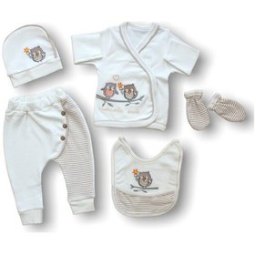 Resim Romantik Çift Baykuş Nakışlı %100 Cotton 5li Zıbın Takımı Hastane Çıkışı Çok Renkli 