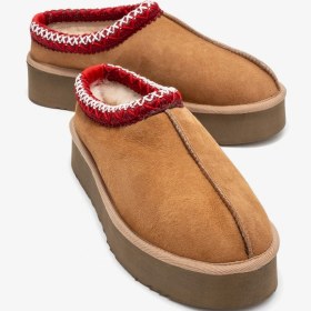 Resim Avelıa Taba Süet Hakiki Deri Dikişli Kadın Kalın Tabanlı Kışlık Terlik Taba 