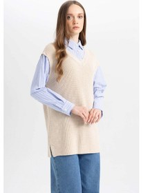 Resim DeFacto Regular Fit V Yaka Yandan Yırtmaçlı Triko Süveter Tunik D1243AX24WNBG646 Bej 