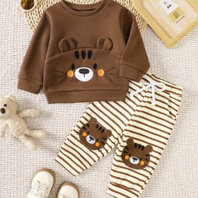 Resim Yürümeye başlayan çocuklar için tigre desenli sweatshirt + eşofman pantolon takımı, kulak detaylı diz yama ve bağcıklı bel, unisex, dış mekan için 