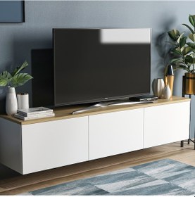 Resim Neon Tv Ünitesi Beyaz Safir Meşe Duvara Monte 