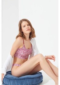 Resim Cottonhill Pembe Çiçek Desenli Ayarlanabilir Askılı Lazer Kesim Kadın Crop Büstiyer Dsn16 