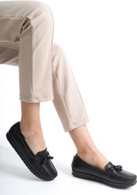 Resim Artı-artı014-bb-505 Hakiki Deri Ortopedik Kadın Siyah Babet Ayakkabı 001 