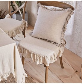 Resim El Yapımı Buldan Yıkanmıs Keten 4 Tarafı Fırfırlı Sandalye Minderi Kılıfı Süngersiz Naturel 