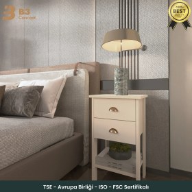Resim B3 Concept Retro Serisi Özel Tasarım Yatak Yanı - Kolay Kurulum - Çift Çekmeceli Komodin Kum Beji 