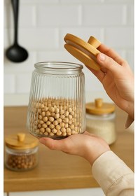 Resim Morponi 3'lü Bambu Kapaklı Yivli Kavanoz Seti 1300 Ml Şeffaf 