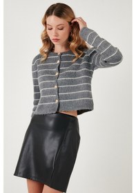 Resim Lela Standart Fit Çizgili Yumuşak Dokulu Crop Triko Bayan Hırka 4615551 Gri 