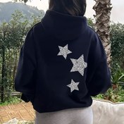 Resim Yıldız Baskılı Kadın Rahat Kapüşonlu Sweatshirt - Yumuşak Pembe Geometrik Baskı, Rahat Kesim, Tüm Mevsimler İçin Çok Yönlü Üst, Rahat Giyim, Trendy Hoodie, Dayanıklı Kumaş, Şık Hoodie, Sokak Giyim Severleri 