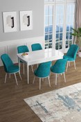 Resim Canisa Han Serisi 70x114 Açılabilir Mdf Mutfak Masası Takımı Beyaz Masa 6 Turkuaz Sandalye 