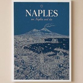 Resim Naples Line Art Print - Navy Mount Vesuvius Bay Skyline Wall Art - Wooden Frame - White / 8,3 x 11,7" (21x30) 