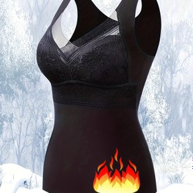 Resim Kadınlar için Termal Polar Astarlı Camisole Tank Top - Elbiseler & Üstler Altında Katmanlama için Kalınlaştırılmış Göğüs Dolgulu Dantel Detaylı Şık Siyah, Rahat İç Giyim, Şık İç Çamaşırı, Peluş Astar, Soğuk Hava Koşullarına Uygun 