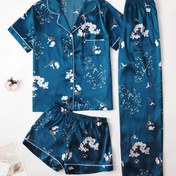 Resim Kadınların Çiçek Desenli Saten Zarif Pijama Takımı, Kısa Kollu Düğmeli Yaka Üst & Şort & Pantolon, Rahat Bol Kesim 