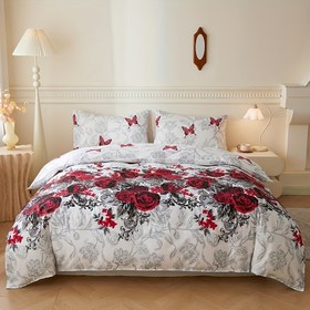 Resim 3 Parça Kırmızı Gül + Kelebek Desenli Nevresim Takımı (1 Yorgan Kılıfı + 2 Yastık Kılıfı, Dolgusuz), Tüm Mevsimler İçin, Yumuşak ve Nefes Alabilir, Minimal Tasarım, Makinede Yıkanabilir 