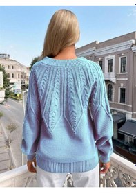 Resim Saç Örgülü Bisiklet Yaka Italyan Kol Triko Bebe Mavi Kazak Bebe Mavi 