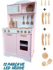 Resim hedefixtoys Pembe Ahşap Oyuncak Mutfak Seti - 12 Parça Aksesuar + LED Işıklı- Kız Çocukları İçin Mutfak Oyuncağı 