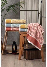 Resim İpliği Boyalı Zikzak Çizgili Desenli Banyo Havlusu-%100 Pamuk Hardal 