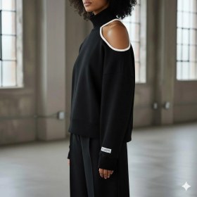 Resim Afri Modern Açık Omuz Tek Omuz Balıkçı Yaka Kadın Sweatshirt - Siyah Rengi Siyah 
