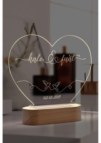 Resim Çiftler İçin Güvercin Motifli Kişiye Özel Led Gece Lambası Masif Ahşap Tabanlı Usb Kablolu Pleksi Led Gece Lambası 