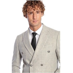 Resim Geniş Yaka Çizgili Kruvaze Gri Yün Erkek Ceket Taba 