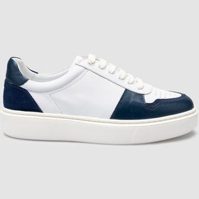 Resim Cabani %100 Hakiki Deri Beyaz - Mavi Bağcıklı Erkek Sneaker Beyaz 