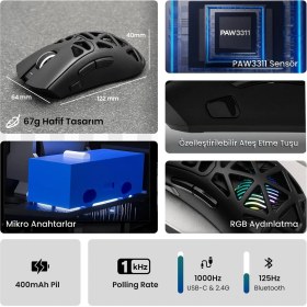 Resim Aula SC620 PAW3311 Sensör 12000 DPI 1000Hz Kablolu ve Kablosuz Gaming Oyuncu Mouse Siyah 