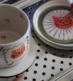 Resim Turuncu Kedili Fincan + Tabak Set 