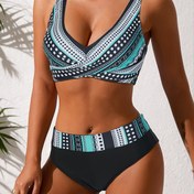 Resim Yeni Moda Sınır Ötesi Çapraz Askılı Mayo Seksi Zayıflatıcı Baskılı Bikini Takımı 2 parça 