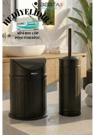Resim Vintage İkili Banyo Seti Pratik Çöp Kovası 3lt Tuvalet Fırçası Lüks Model - Çöp Poşeti Hediye Siyah 