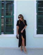 Resim Kadın Kısa Kollu Bisiklet Yakalı Yandan Yırtmaçlı Büzgülü Janjan Krep Elbise Siyah 