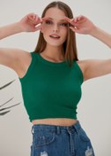 Resim CATSPY Yeşil Fitted Vücuda Oturan Geniş Biyeli Halter Yaka Fitilli Esnek Örme Crop Bluz 