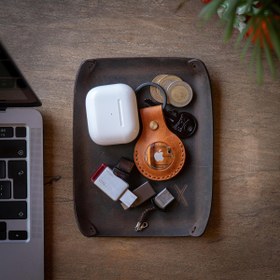 Resim minimal X Vale Tepsi - Hakiki Deri - El Yapımı Minimalist Tasarım - Küçük Model - Kestane Kahverengi 