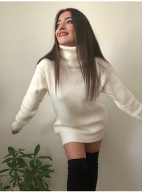 Resim Kadın Beyaz Balıkçı Yaka Selanik Örme Triko Kazak Tunik Krem 
