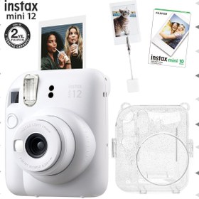 Resim Fujifilm Instax mini 12 Beyaz Fotoğraf Makinesi-10'lu Film-Kıskaçlı Resim Standı ve Simli Pleksi Kılıf Seti 