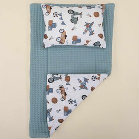 Resim Alt Açma Matı ve Yastık - Çift Taraflı - Petrol Mavisi Petek - Araçlar 