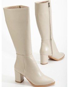 Resim Kadın Topuklu Çizme Bej Suni Deri Sivri Burun-4209 Bej 