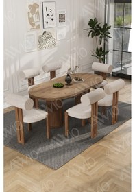 Resim Avvio İcon Bohem Ayak 6'lı Metal Pofi Demonte Sandalye 80x160 Masa Sandalye Takımı Akça Masa Sandalye Kumaşı Beyaz 