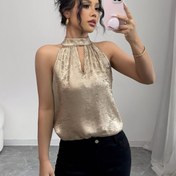 Resim Kadınlar için Şık Kolsuz Metalik Halter Üst - Parlak, Polyester, Kolsuz, Tatil, Dışarı Çıkma, Parti, İş, Günlük Giyim, Parti Kıyafeti | Şık Halter Yaka | Parlak Kumaş 
