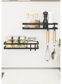 Resim Bino Mutfak Rafı 2'li Set Yapışkanlı Lüks Modern Siyah Metal Baharatlık Rafı Organizer Düzenleyici Siyah 