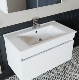 Resim banos Roomart Al3 Ayaksız 2 Kapaklı Lavabolu Beyaz Mdf 85 Cm Banyo Dolabı Aynalı Üst Dolabı 