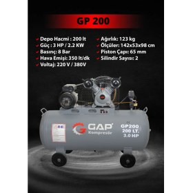 Resim GAP | 200 lt 2 Kafa 8 Bar Pistonlu Hava Kompresörü 