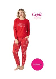 Resim Guava Kadın Bisiklet Yaka Düğmesiz Kışlık Termal Bilek Manşetli Jogger Uzun Kol Cepli Pijama Takımı Desenli 