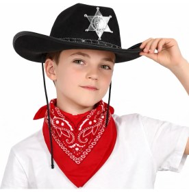 Resim Ttt Çocuk Kovboy Şapka Rozetli Siyah ve Kırmızı Bandana Seti 