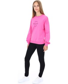 Resim Toontoy Kids Toontoy Kız Çocuk 2'li Takım Baskılı Bisiklet Yaka Düşük Omuz Sweatshirt & Basic Düz Tayt Fuşya 