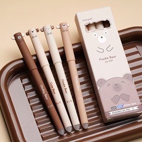 Resim 4 Adet Sevimli Ayı Silinebilir Kalem, Kahve Rengi Karikatür Ayı Tasarımı - 0.5mm Siyah/Mavi Mürekkep, Ofis Kullanımı İçin Hızlı Kolay Isı Silinebilir İnce Yazı Aletleri 