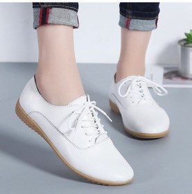Resim Kadın İçin Düz Tabanlı Hafif Moda Rahat Bağcıklı Deri Ayakkabı Beyaz 